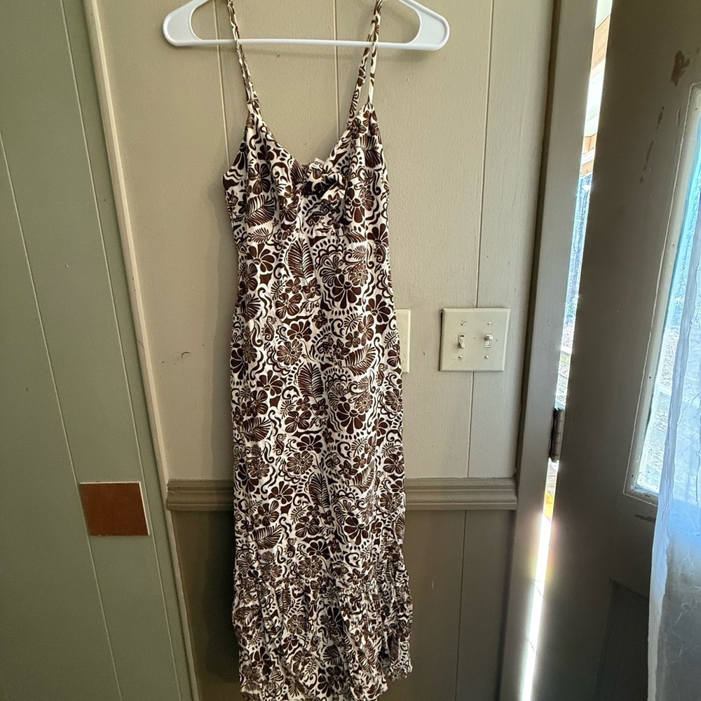 Monteau Brown and White Spaghetti Strap Tropical Maxi Sundress